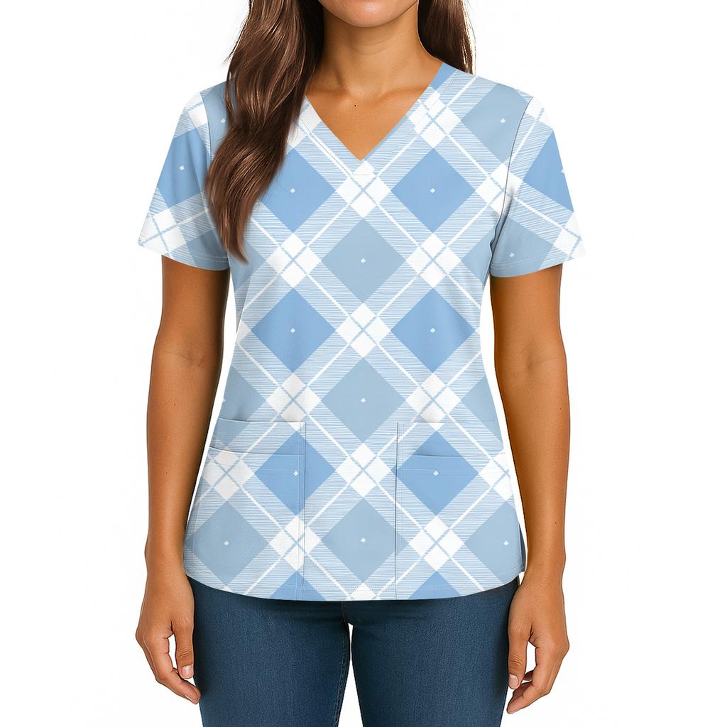 Women's Gradient Print V-Neck Double Pocket Short Sleeves Hem Slit Uniform Caregiver Top