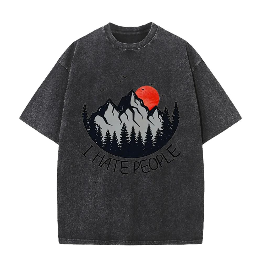 2026 Vintage Mountain Pine Forest Red Sunset Bird Graphic Brown Acid Washed T Shirt Retro Outdoor Funny Slogan Oversized Unisex