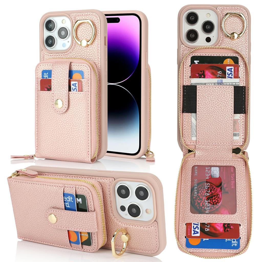 For iPhone 14 Pro Max Case with Zipper Pouch/Ring Kickstand/Strap Litchi Texture PU + TPU Phone Cover
