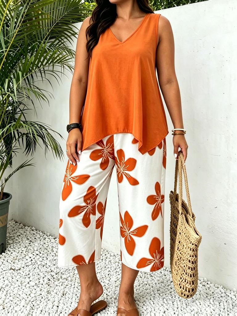 European and American cross-border TK Amazon Temu hot sale 2026 summer sleeveless V-neck top wide-leg cropped pants two-piece set
