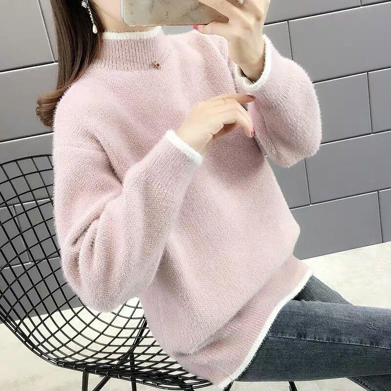 Plus Size Loose Mink Velvet Crew Neck Pullover Sweater Women's Autumn & Winter Chenille Thickened Outer Wear Knit Top