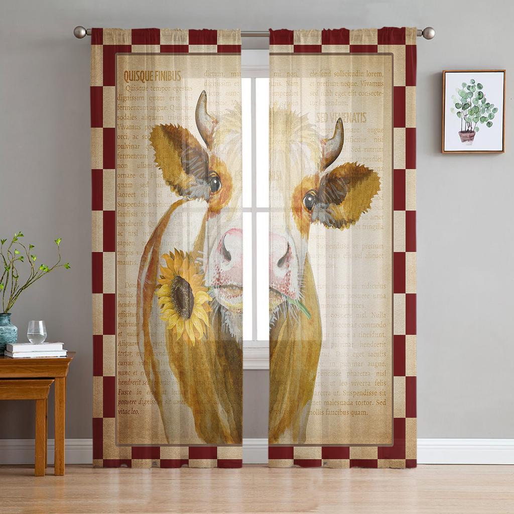 American Country Style Sunflower Cow Sheer Curtains for Living Room Modern Voile Curtain Bedroom Tulle Curtains Window Drapes