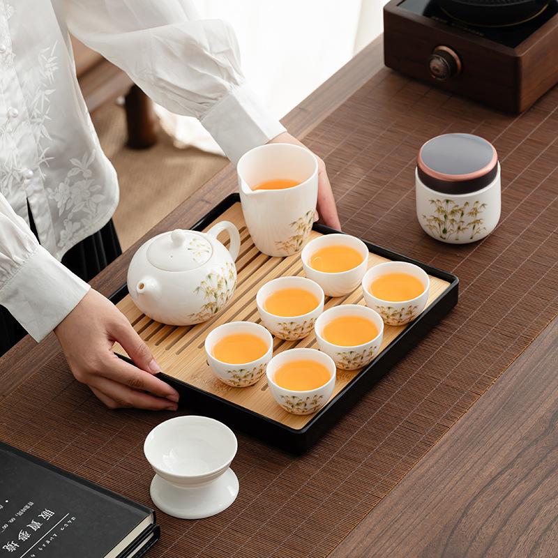 Suet jade kung fu tea set, white porcelain set, home office teapot, gold silk teacup cover bowl, full set of tea