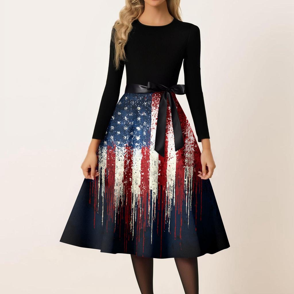 Women's Casual Fashion Round Neck Independence Day Print Retro Dress