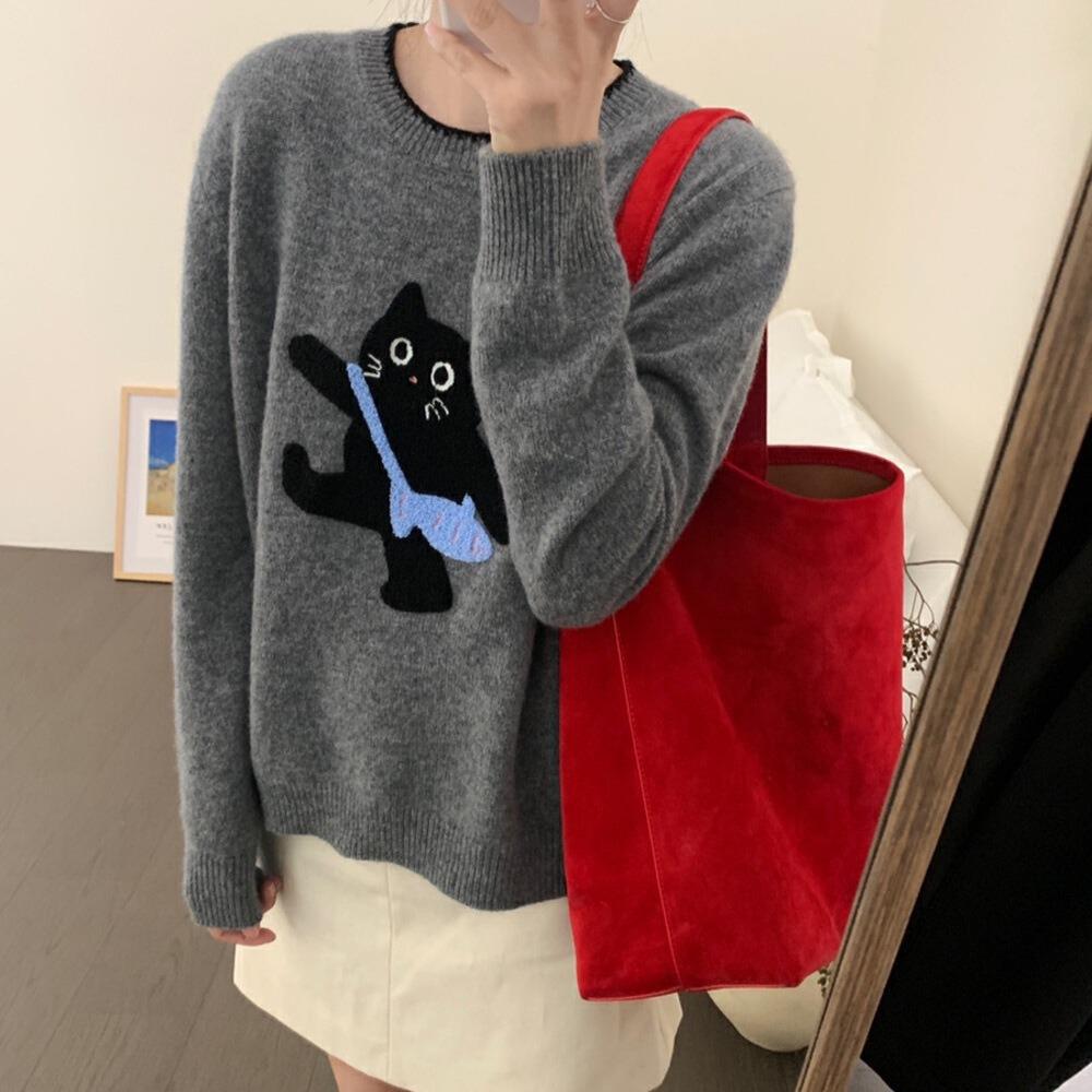 Korean Cartoon Kitten Knit Pullover - Autumn/Winter Women's Cozy Sweater