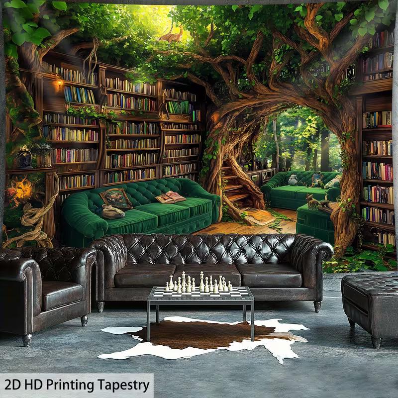 2D Magical Treehouse Library Tapestry Enchanted Forest Reading Nook Wall Hanging