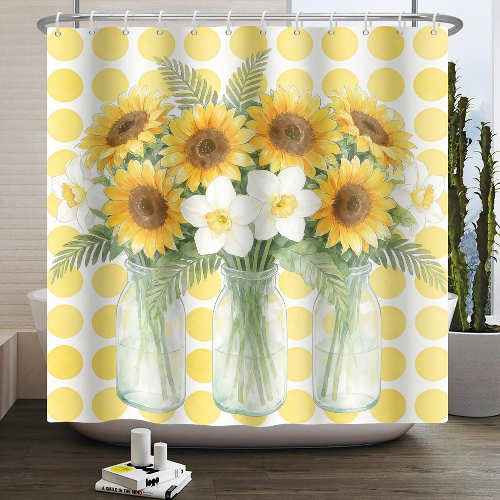 Country Sunflower Theme Waterproof Shower Curtain Wood Texture Barn Door Design Rustic Farmhouse Vintage Style Bathroom Decor