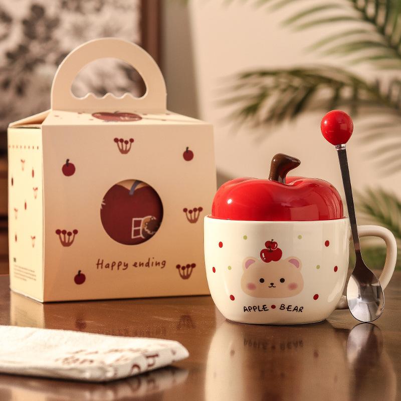 High-value apple mug, cute bear ceramic water cup with lid, birthday gift for girls, girlfriend's souvenir