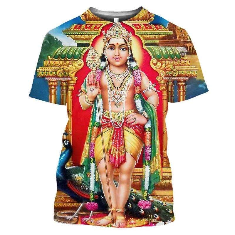 Summer Round Neck 3D Hindu Deities Graphic Print Top Fashionable Casual Short Sleeved Men's and Women's Unisex T-shirts