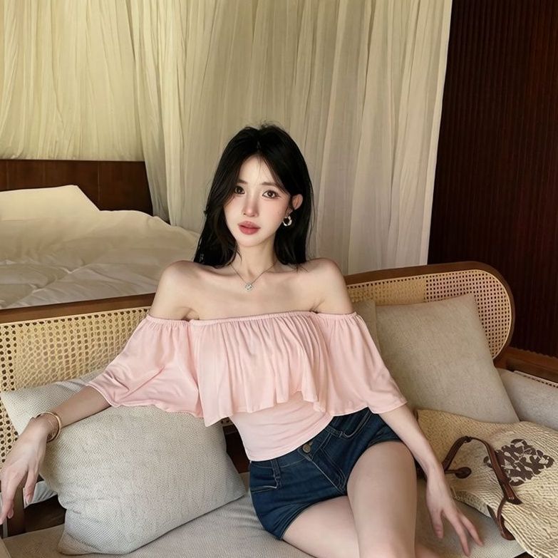 One-word Shoulder Ruffle Edge Super Fairy Short-sleeved T-shirt Women's Summer Pure Desire Hot Girl Sexy Off-the-shoulder Top Is Huge and Beautiful