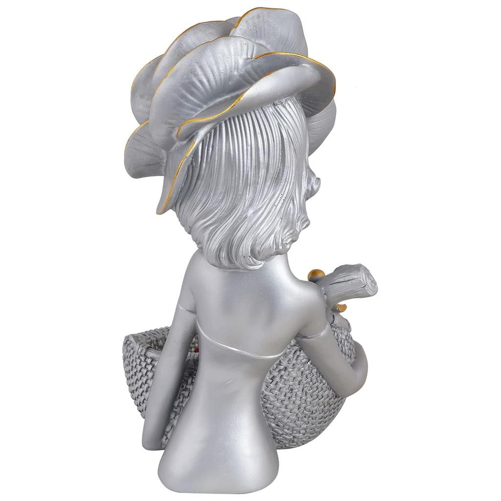 Lady with Basket Showpiece for Home Decor Showpiece & Office Decor Showpiece (11.5" Inch Size, Silver)