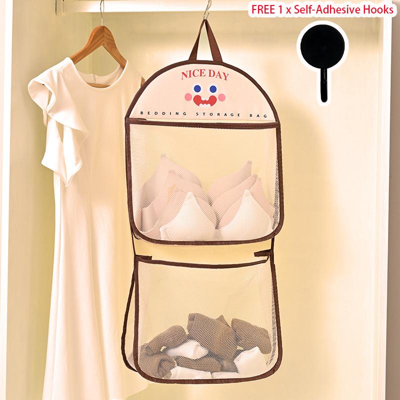 Double Layer Underwear Storage Bag,New Wall Hanging Breathable Mesh Bags with Hook for Socks Toy,Multi-Purpose Closet Organizer