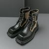 New Men's Square-Toe Leather Combat Boots Man Lace-up Motorcycle Boots Dress Shoes Luxury Thick Soled Boots Cowboy Boots