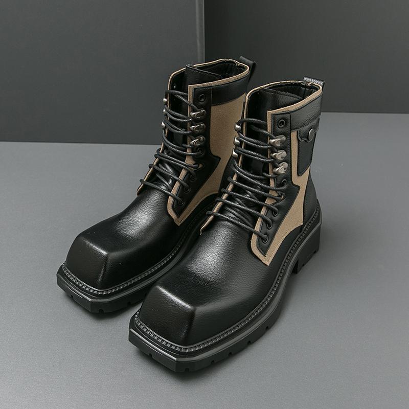 

Fashion New Fashion Men s Square-Toe Leather Combat Boots Man Lace-up Motorcycle Boots Dress Shoes Luxury Thick Soled Boots Cowboy Boots 38
