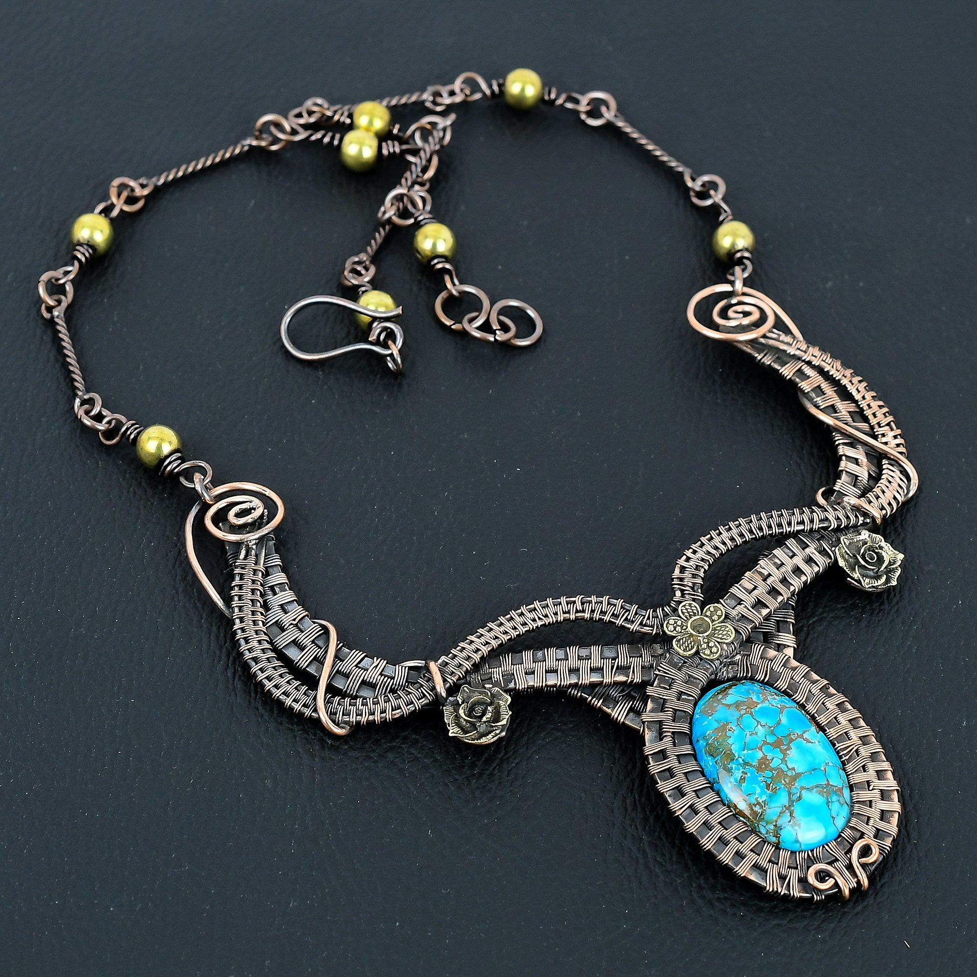 

Blue Turquoise Handmade Gemstone Necklace, 999 Copper Wire Wrapped Antique Jewelry Adjustable Chain Necklace, For Engagement Gift