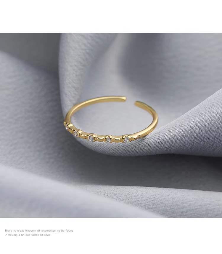 Anello Aperto in Argento Sterling S925 Placcato Oro 14K con Diamante per Donna - Elegante Anello alla Moda in Stile Coreano