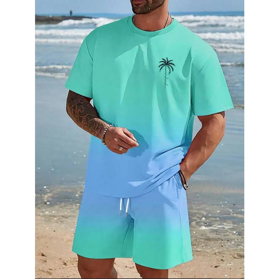 Gradient Print Men's Short Sleeve Shorts Set Hawaiian Men's Fashion Set Summer Men's Casual T-shirt Outdoor Beach Men's Shorts