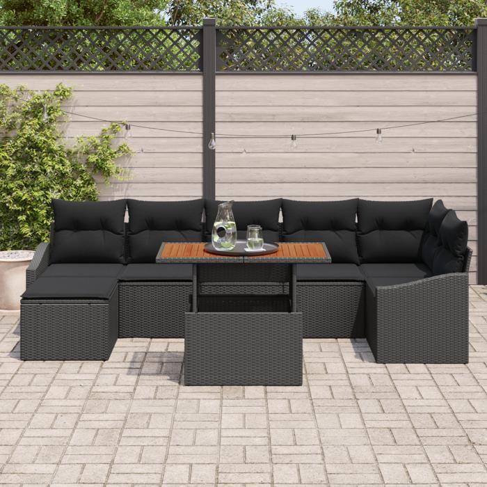 VidaXL Set de salle à manger de jardin de 8 pièces avec coussins en poly rattan noir et acacia 3349869