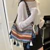 Large Capacity Ethnic Style Canvas Bag 2026 Fringed Wide Shoulder Strap Single Shoulder Crossbody Commuter Crescent Bag