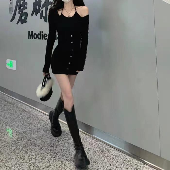 

Fake two Spice Girls black suspender dress women s autumn new pure desire slim and thin hip skirt S