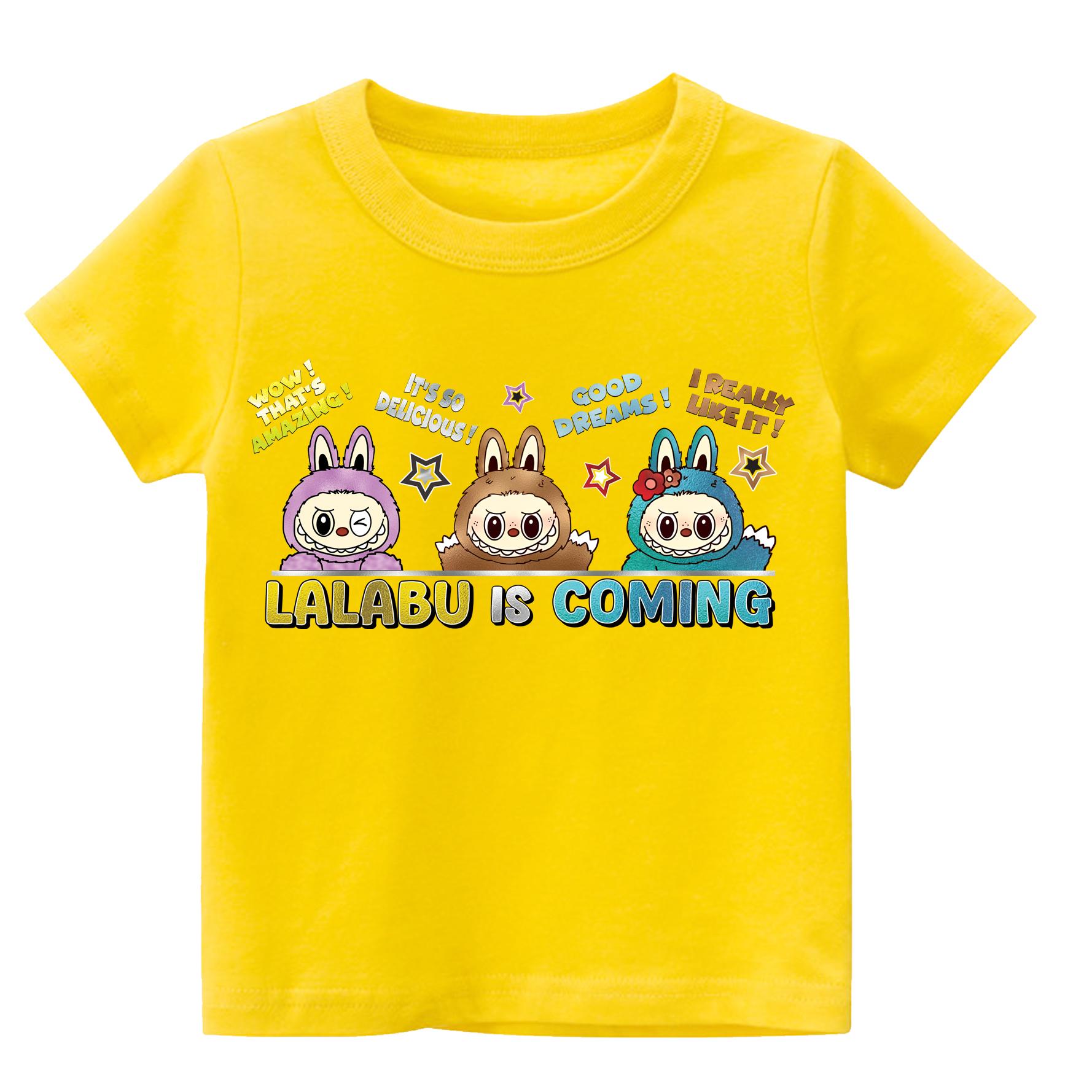 

2025 New LABUBUT Shirt LABUBU Is Coming Printed Round Neck Short Sleeved Casual Girls Clothing 110