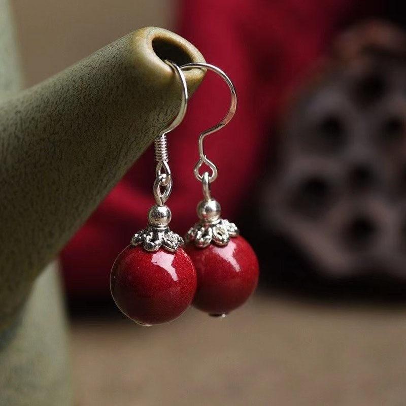 

Recommended Cinnabar earrings in the traditional red color, purple gold sand round beads, simple earrings for women Silver Style（Beads10mm)
