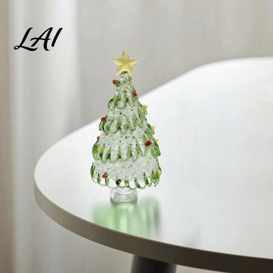 Interior Design Accent Hand Blown Glass Christmas Tree Figurine with Golen Star Festive Desk Decoration Mini Xmas Ornament Handmade Desktop Holiday