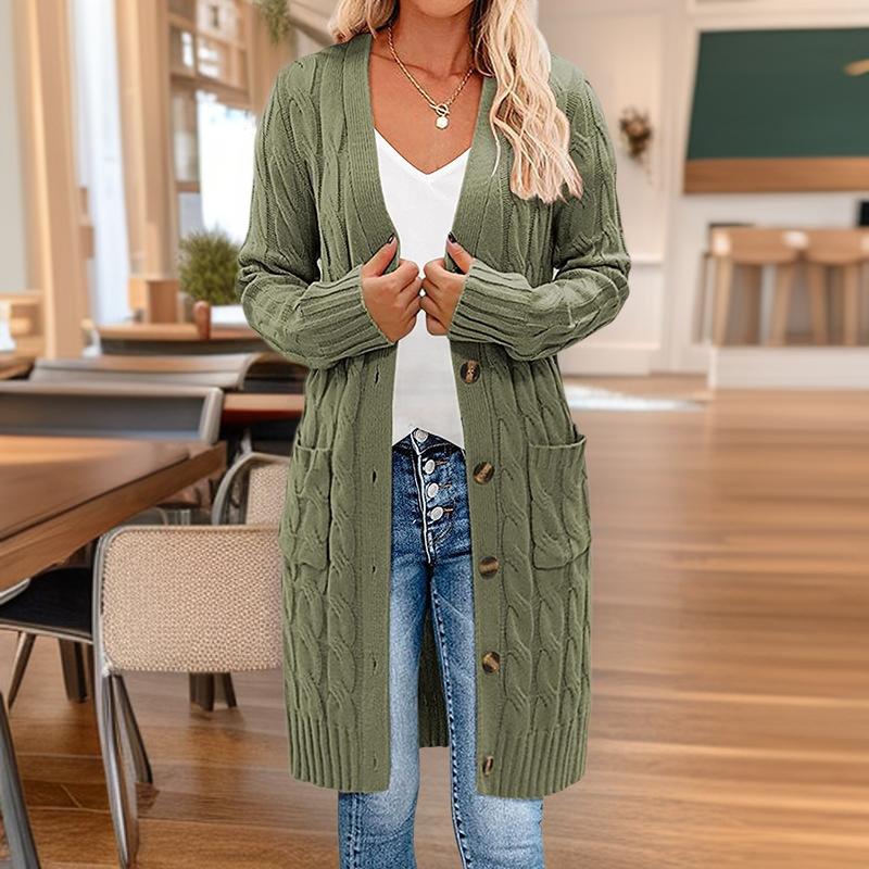 Autumn and winter new knitted long twist sweater women's solid color button-in-bag cardigan jacket