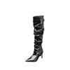 Spice Girl Style European and American Pointed White Pile Boots High Heel Boots Women's Belt Buckle High Heel Boots