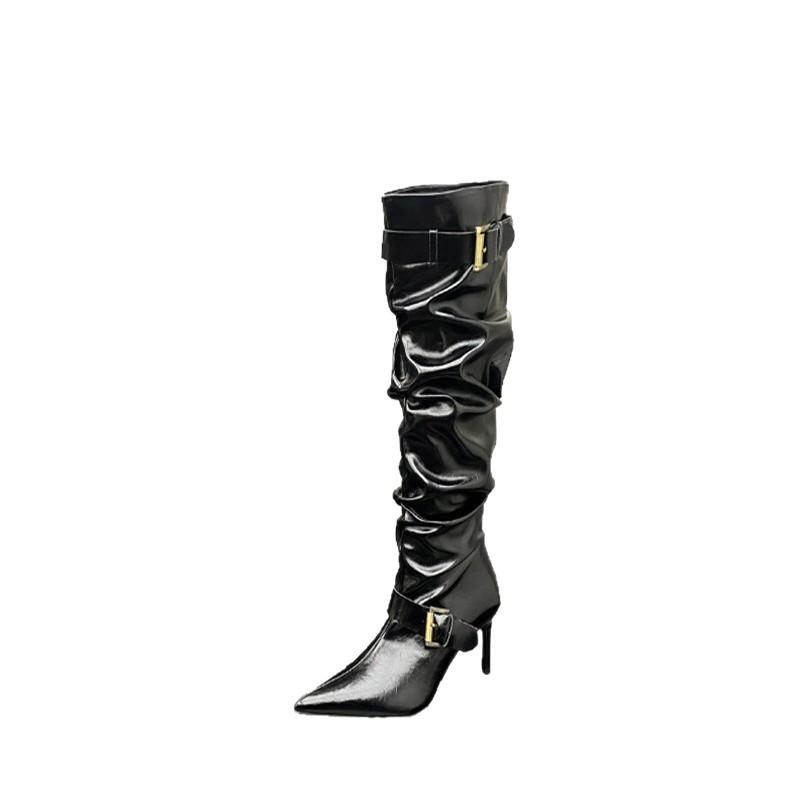 Spice Girl Style European and American Pointed White Pile Boots High Heel Boots Women's Belt Buckle High Heel Boots