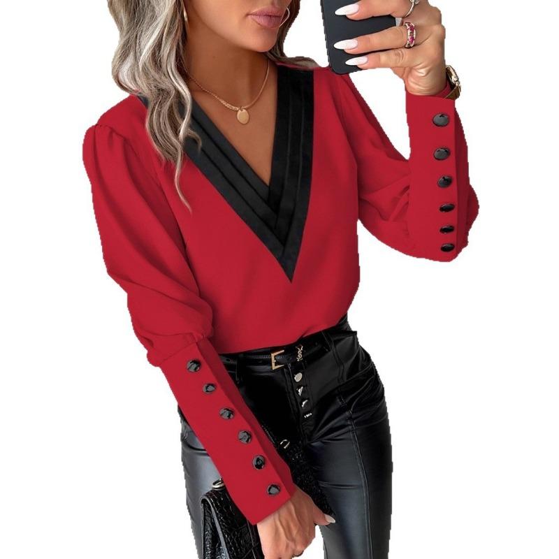 V-neck Long Sleeve Buttons Loose Women Blouse Spring Autumn Fashion Office Shirt Casual Color Patchwork Fashion Elegant Simple Streetwear Vintage Tops