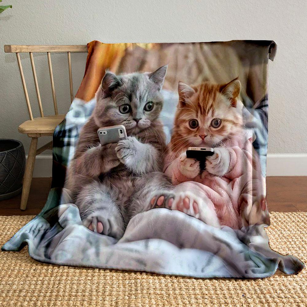 Cute Kittens Phone Pattern Blanket Bedroom Blanket for Livingroom Couch Lunch Break Soft Throw for Friend's Festival Gift