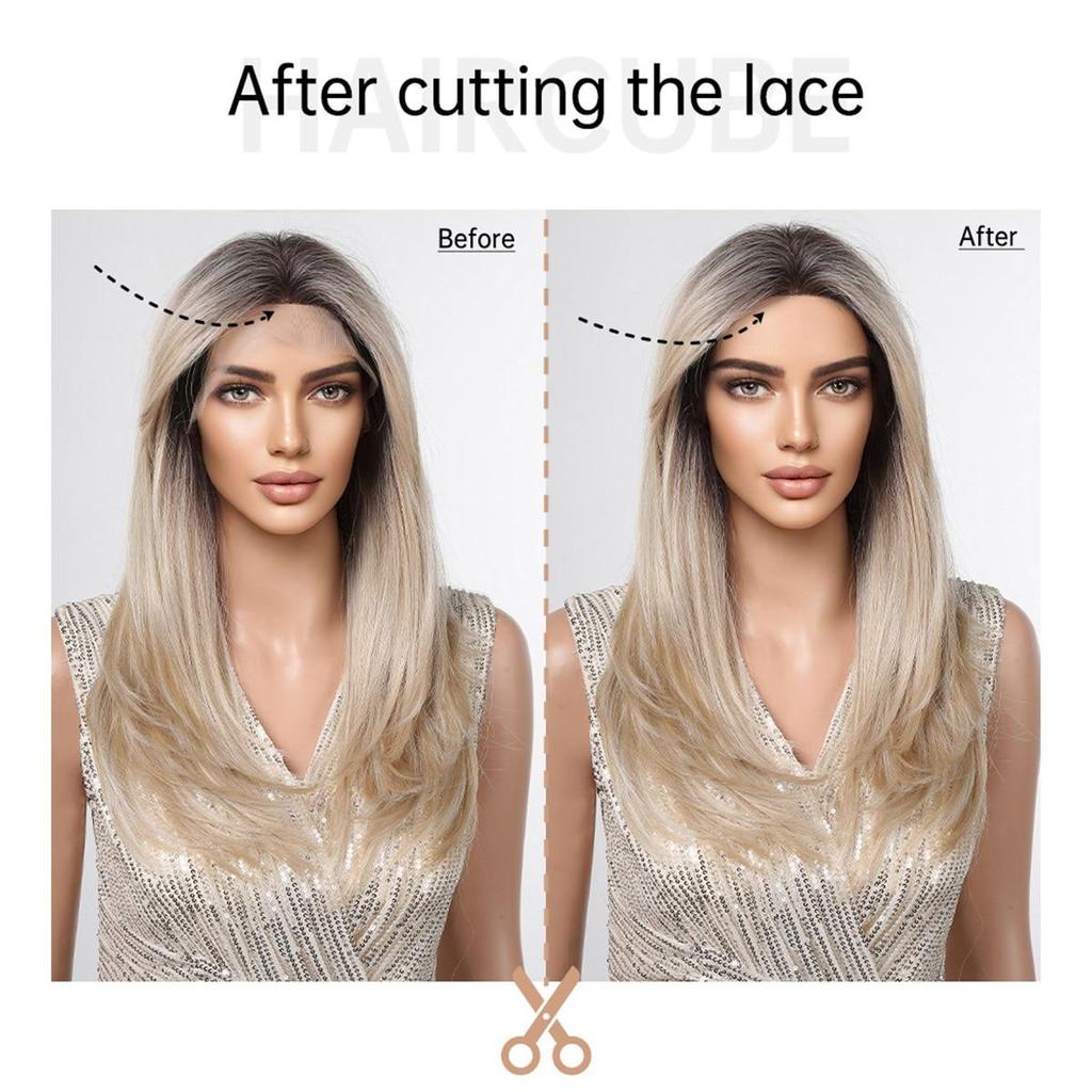 LOUIS FERRE Brown Blonde Ombre Synthetic Lace Front Wig Long Straight Fake Hair Wig for Women Daily Cosplay Lace Wig With Bangs