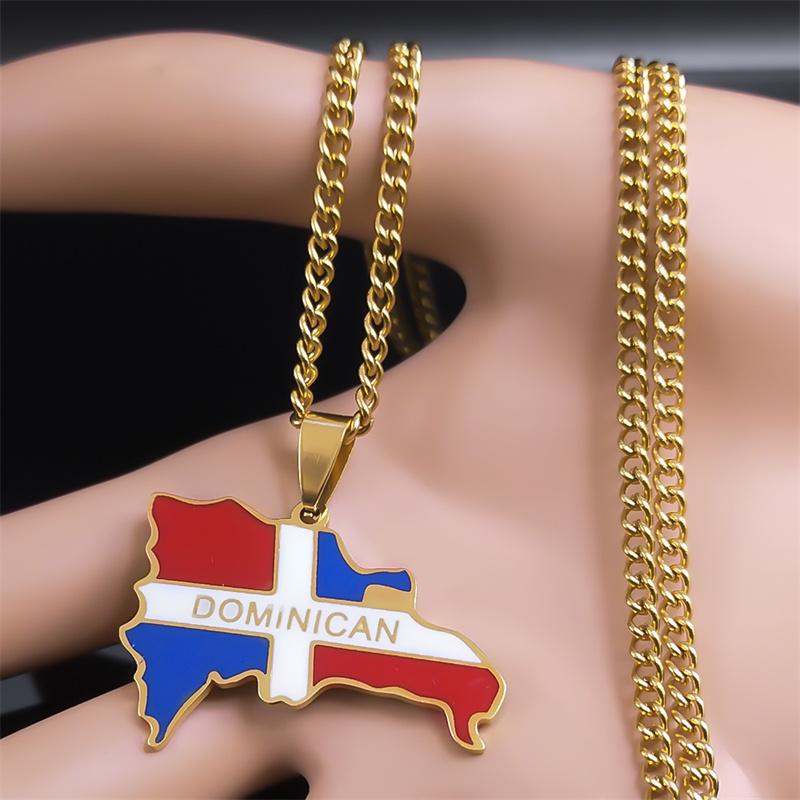 Dominican Republic Map Country Flag Necklace Pendant for Women Men Stainless Steel Gold Color Necklaces Jewelry Gift N7606GDS05