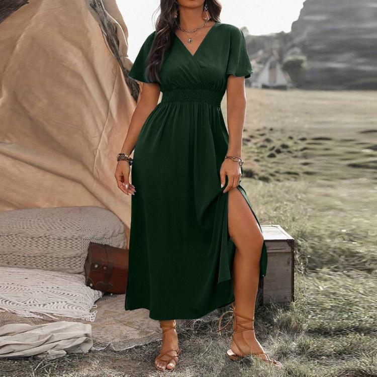 Women's Sexy V Neck Wrap Waist Maxi Dress A Line Side Slit Solid Color Casual Summer Long Dress Comfortable Sleeve Fashion
