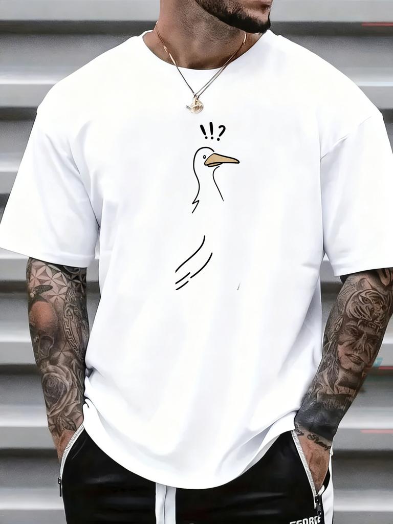 Unisex White Tee Minimal Line Drawing Surprised Duck With Exclamation Question Mark Crew Neck Loose Male Short Sleeve Tops