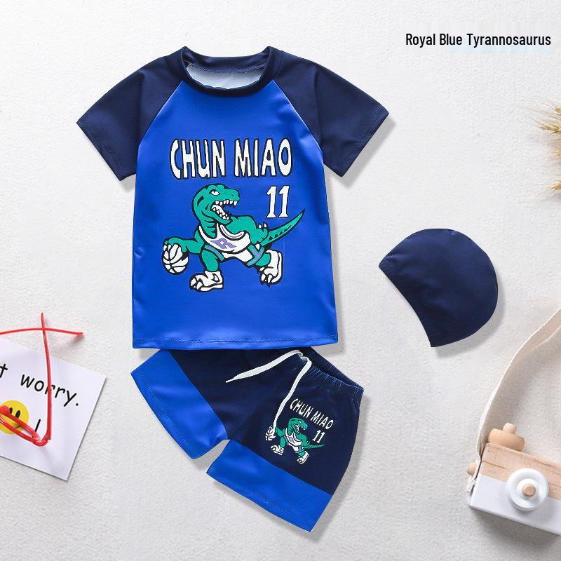 Cartoon Boys' Toddler Sun Protection Quick-Dry Swimsuit Set with Swim Cap