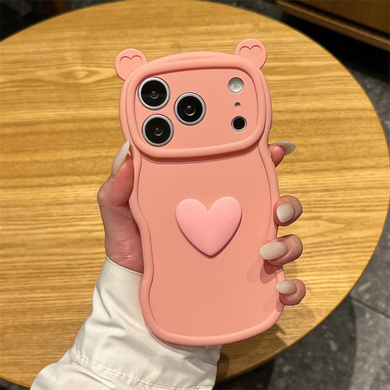 Cute Bear Ear Protective Case for iPhone 11/13/14/15/16/17 Pro with Heart Design