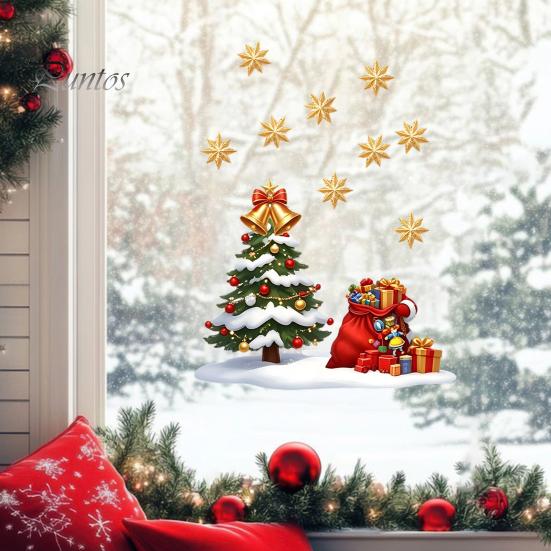 Winter Theme Party Supplies Christmas Window Static Sticker, Creative Snowman Tree Pattern PVC Decal, Waterproof Festival Atmosphere Wall Decals