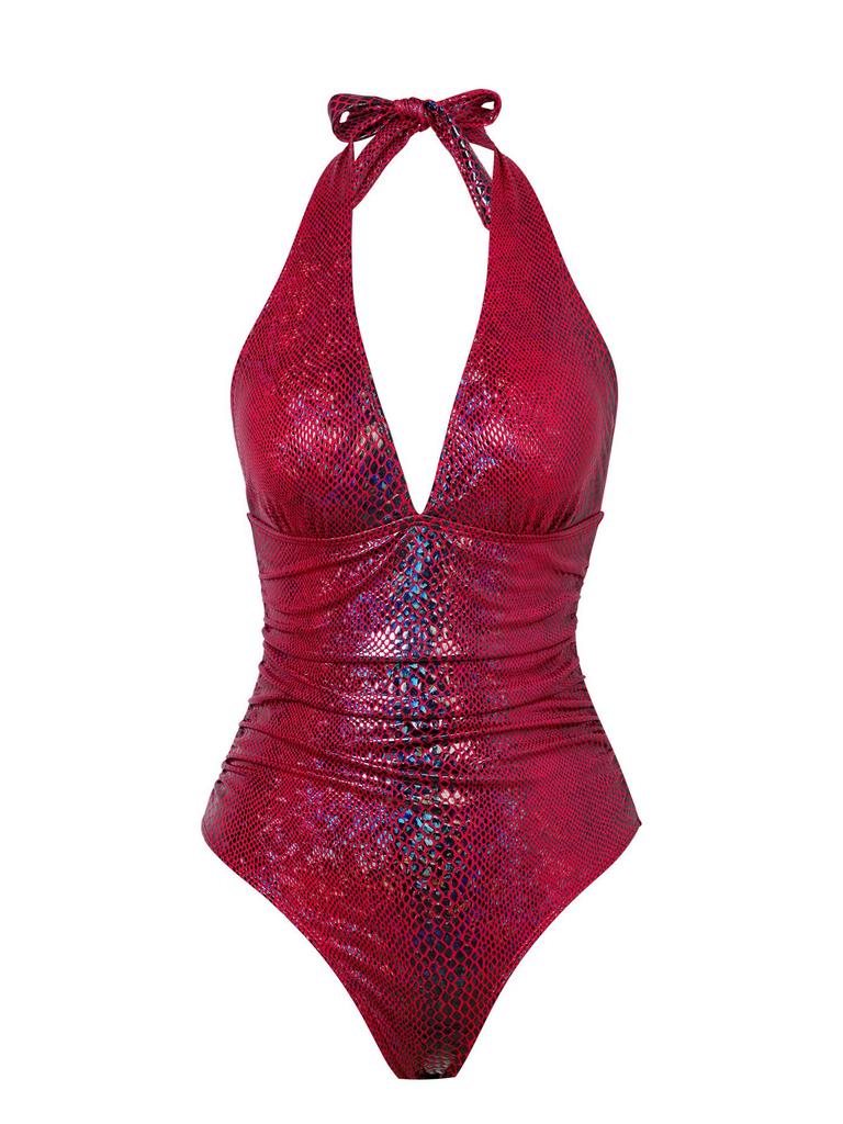 Damen Sexy Tiefes V-Ausschnitt Schnürung Rückenfrei Einteiler Badeanzug - Schlankmachendes Bauchabdeckungs Design
