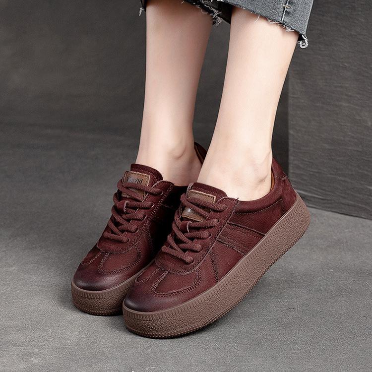 Johnature Lace-up Casual Flat Shoes Genuine Leather Retro Round Toe Thick Sole Versatile Women's Shoes