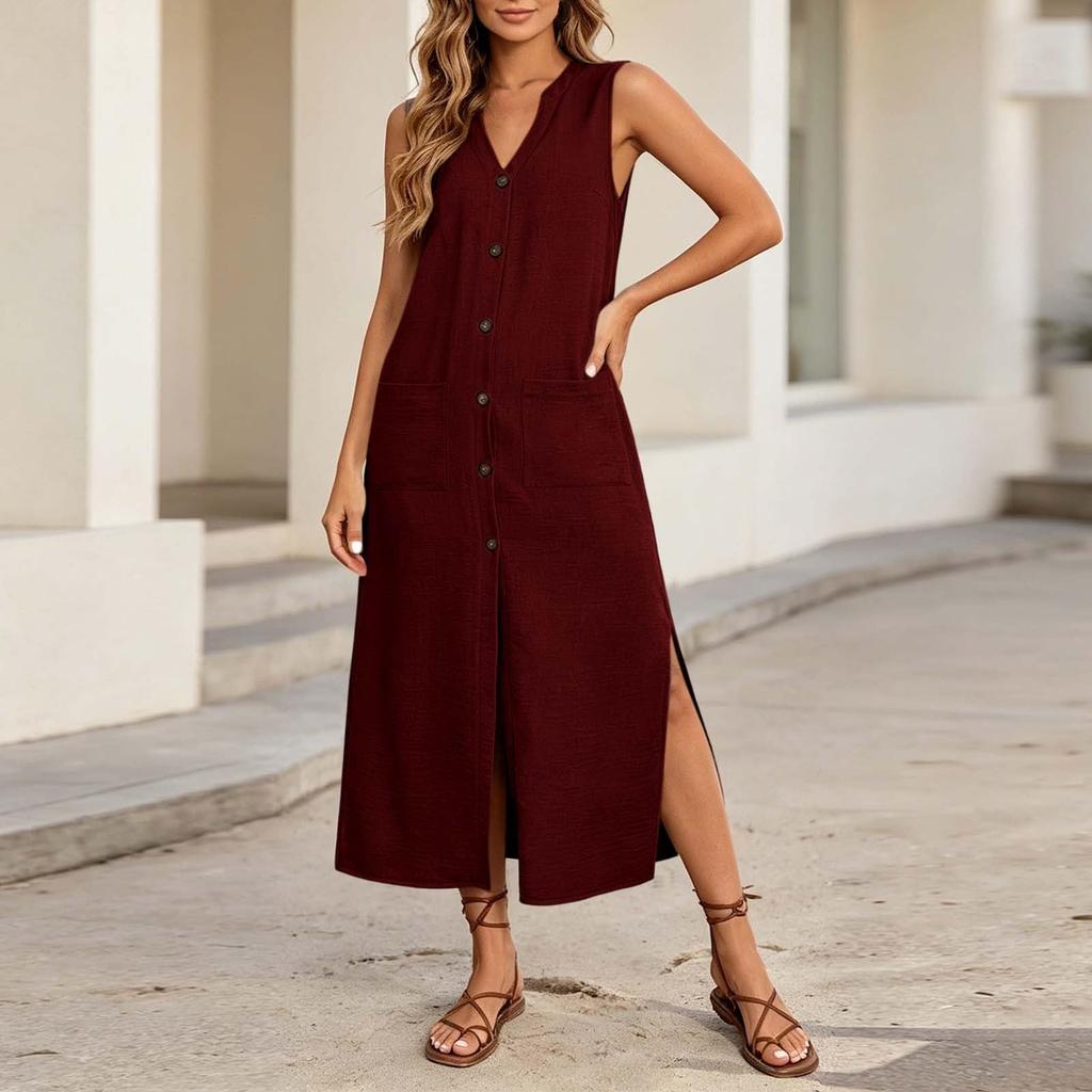 Sleeveless Button Front V Neck Long Casual Dress with Side Slits and Patch Pockets for Women Summer Everyday Wear