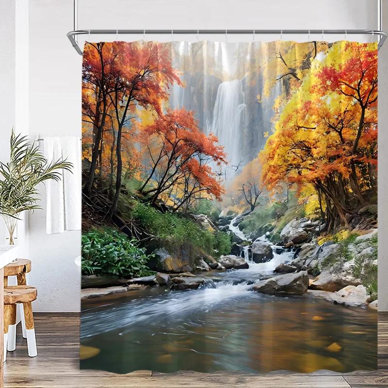 Autumn Forest Landscape Shower Curtains Red Maple Trees Waterfall Log Cabin Bear Fall Scenery Fabric Home Bathroom Curtain Decor