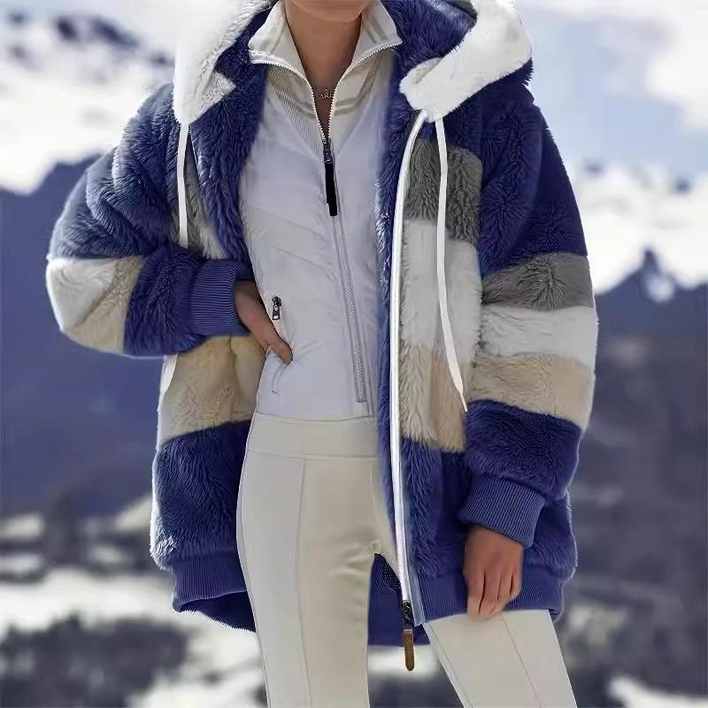 Autumn And Winter Warm Plush Patchwork Zipper Pocket Hooded Loose Jacket Women
