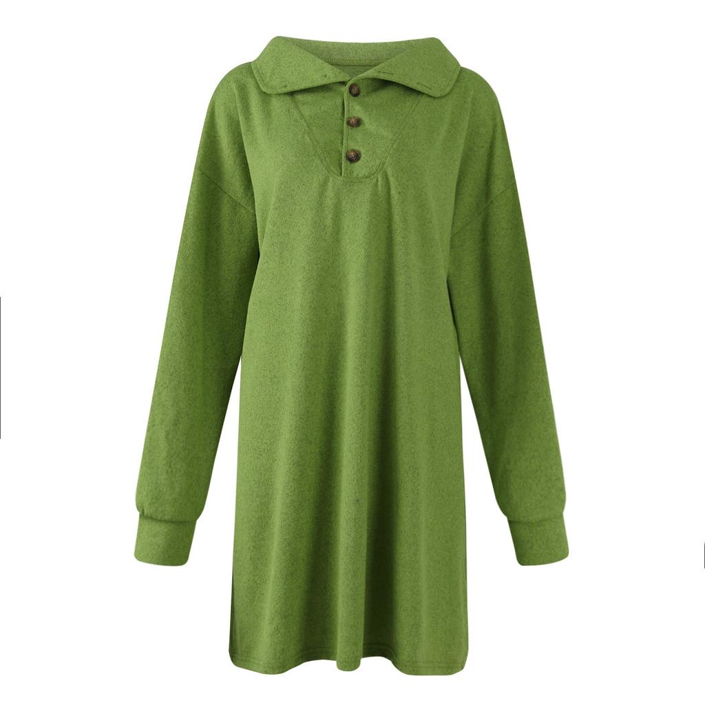 Women's Autumn And Winter Solid Color Lapel Button Long Sleeve  Pullover Casual Dress