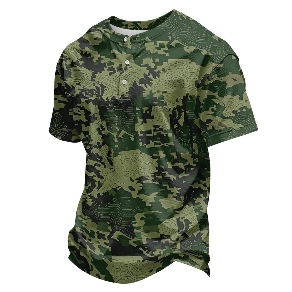 Men's Casual Button Neck Lightweight Breathable Short Sleeve Shirt Camouflage Print Design Suitable for Outdoor Activities