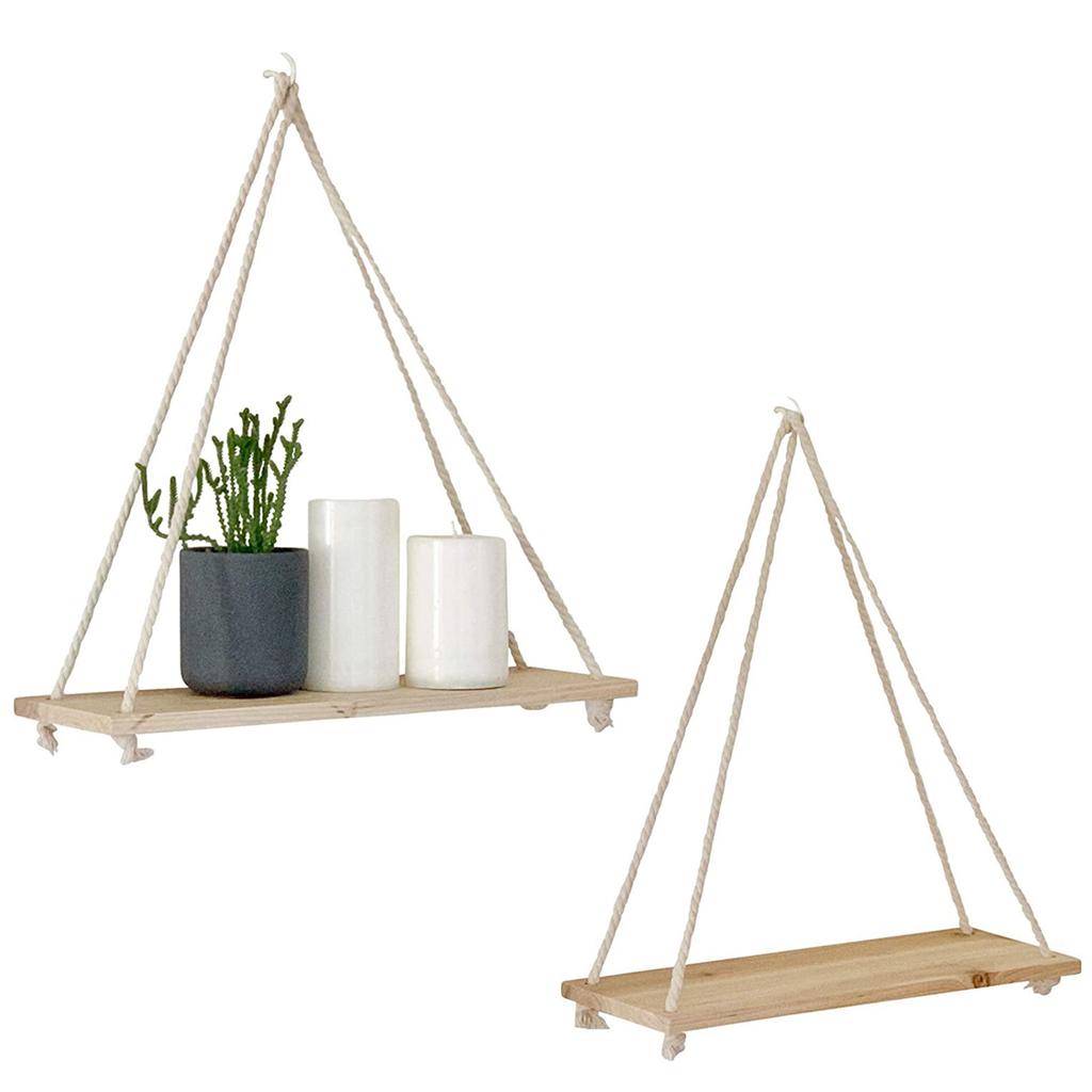 Wood Hanging Shelves for Wall Swing Rope Rustic Floating Shelf Set of 2 Wall Display Shelving Rack for Living Room Bedroom