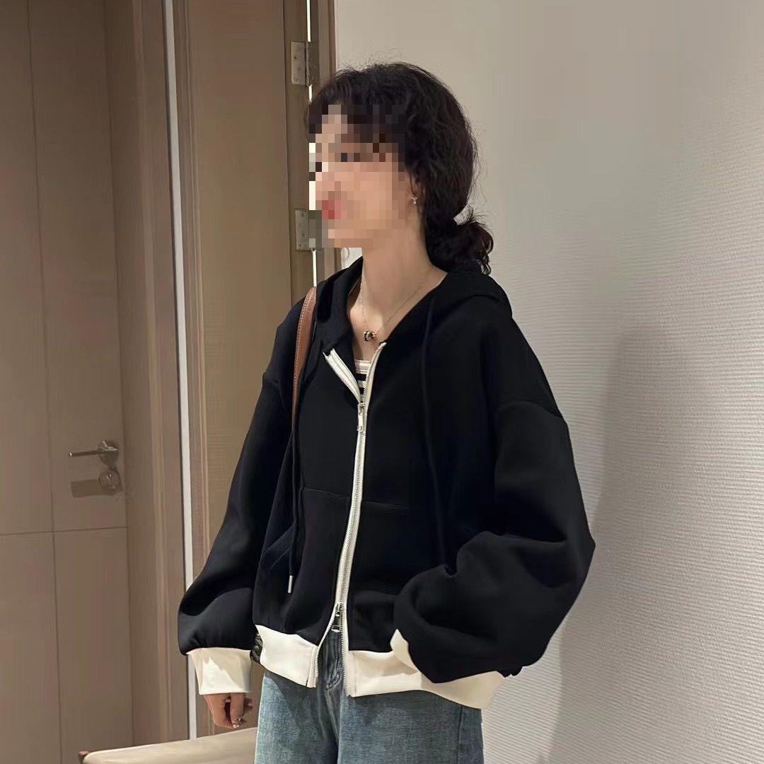 

2025 Autumn-Winter Women s Patchwork Hooded Jacket: Loose Fit, Casual Zip-Up Petite Sweatshirt S: Recommended for 70-105 cm чёрный