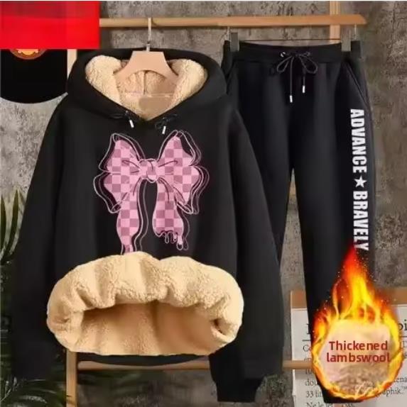 Jesień Zima Damski Zestaw Bluza z Kapturem z Wełny Jagnięcej Damska Pogrubiona Bluza Spodnie Długi Rękaw Długie Spodnie Strój Studencki