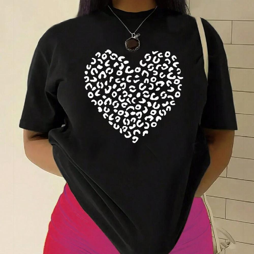 

Creative heart shape Cotton T-Shirt Short Sleeve Round Neck Women 2d Print Tops S